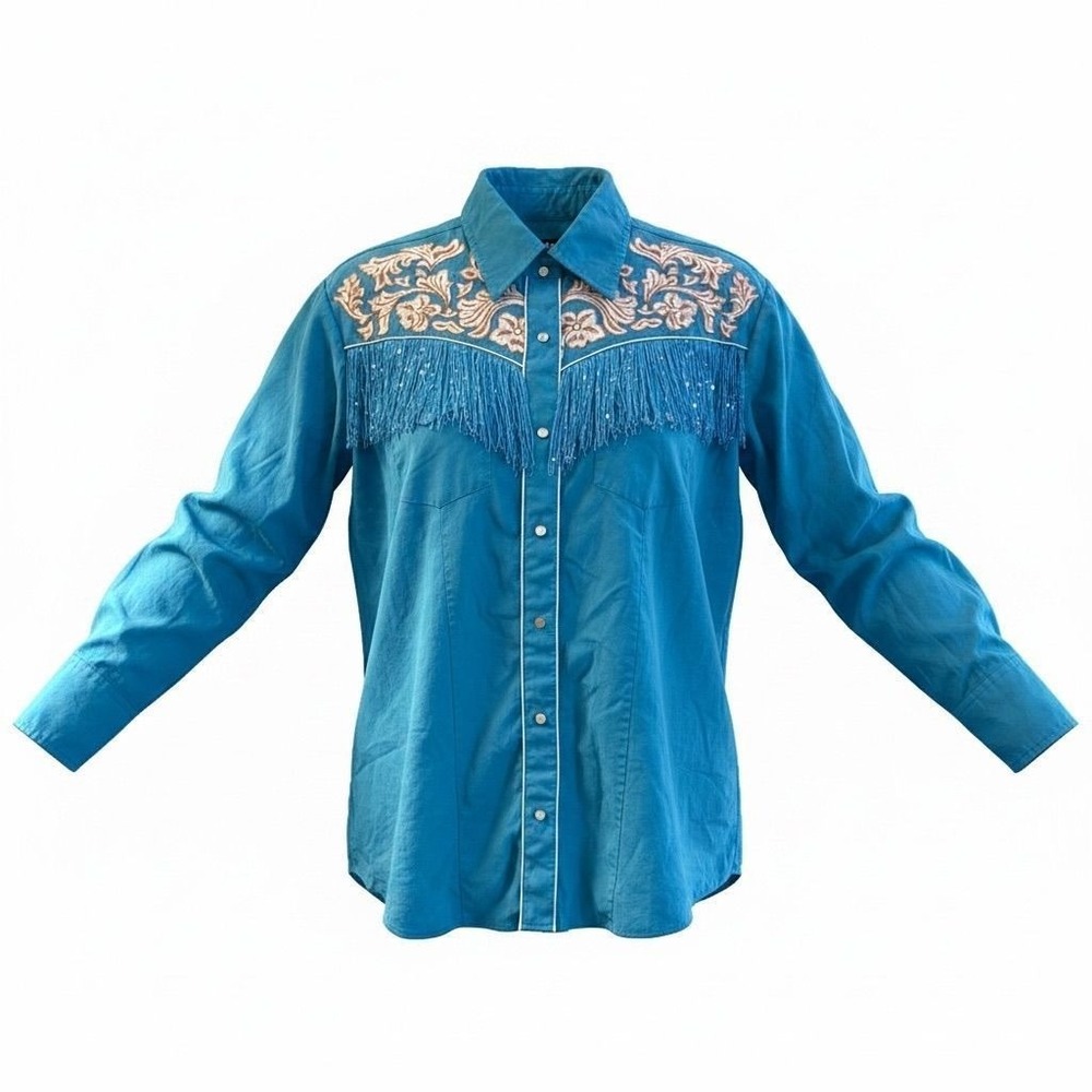 46 Sherry Cervi Turquoise Pearl snap with fringe XL